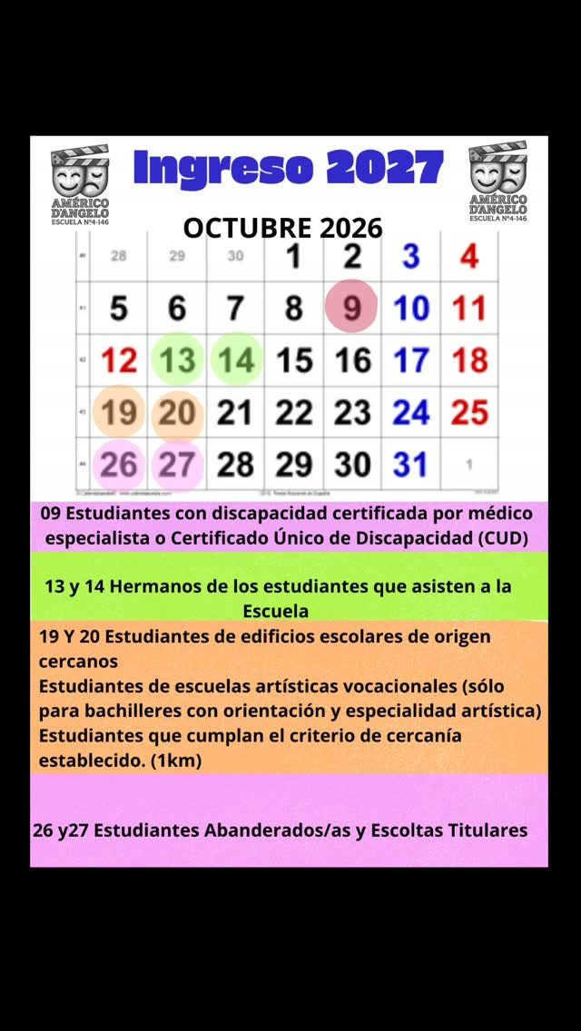 INSCRIPCIONES 1ER AÑO 2027‼️

Comienzan las inscripciones para el ingreso a 1er año de la Escuela Secundaria.

👉09 de octubre: estudiantes con discapacidad certificada/ CUD

👉13 y 14 de octubre: hermanos que asisten a esta Escuela.

👉19 hijos de personal docente y no docente de la escuela.

👉 19 y 20 de octubre: escuelas de cercanía, escuelas del núcleo (escuelas Manzano/ Razquin), alumnos de escuelas artísticas vocacionales.

👉26 y 27 abanderados y escoltas titulares.

💪El 15 de octubre abrimos la escuela para que puedan conocernos!✨️

🫶La D'Angelo te espera‼️‼️